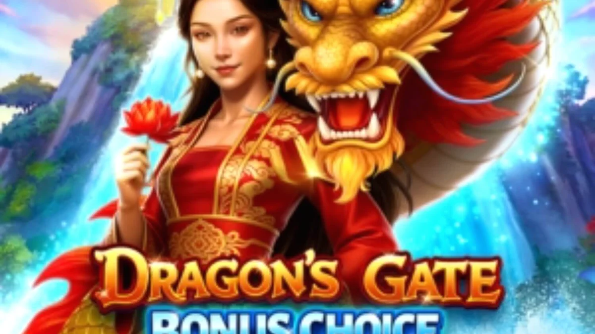 Dragon’s Gate Bonus Choice سلاٹ کا ایک منظر جس میں ڈریگن اور سنہری سکے دکھائے گئے ہیں
