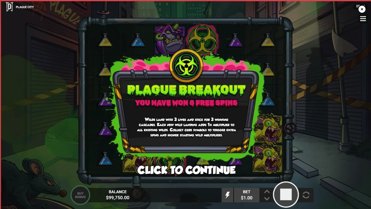 Plague City سلاٹ گیم کا ایک منظر جس میں سائنسدان اور وائرس سے متاثرہ شہر دکھایا گیا ہے۔