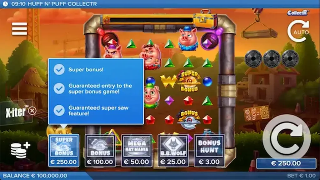Huff N' Puff CollectR slot machine interface with pigs and wolf theme